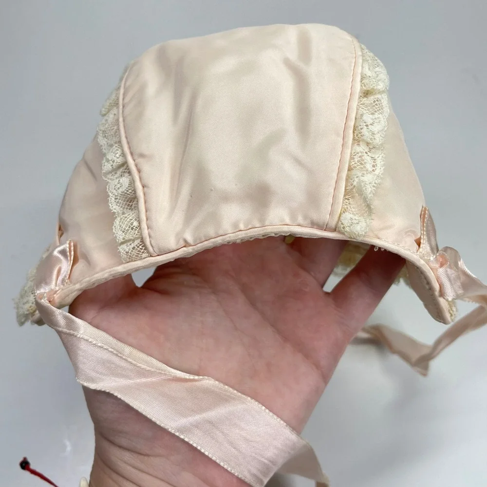 Vintage Baby Bonnet Girl Pink Satin Lace Ruffle Ribbon Tie Baptism Formal